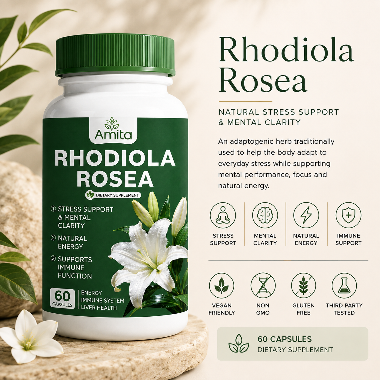 Rhodiola Rosea Extract – Energy, Focus & Stress Support Capsules